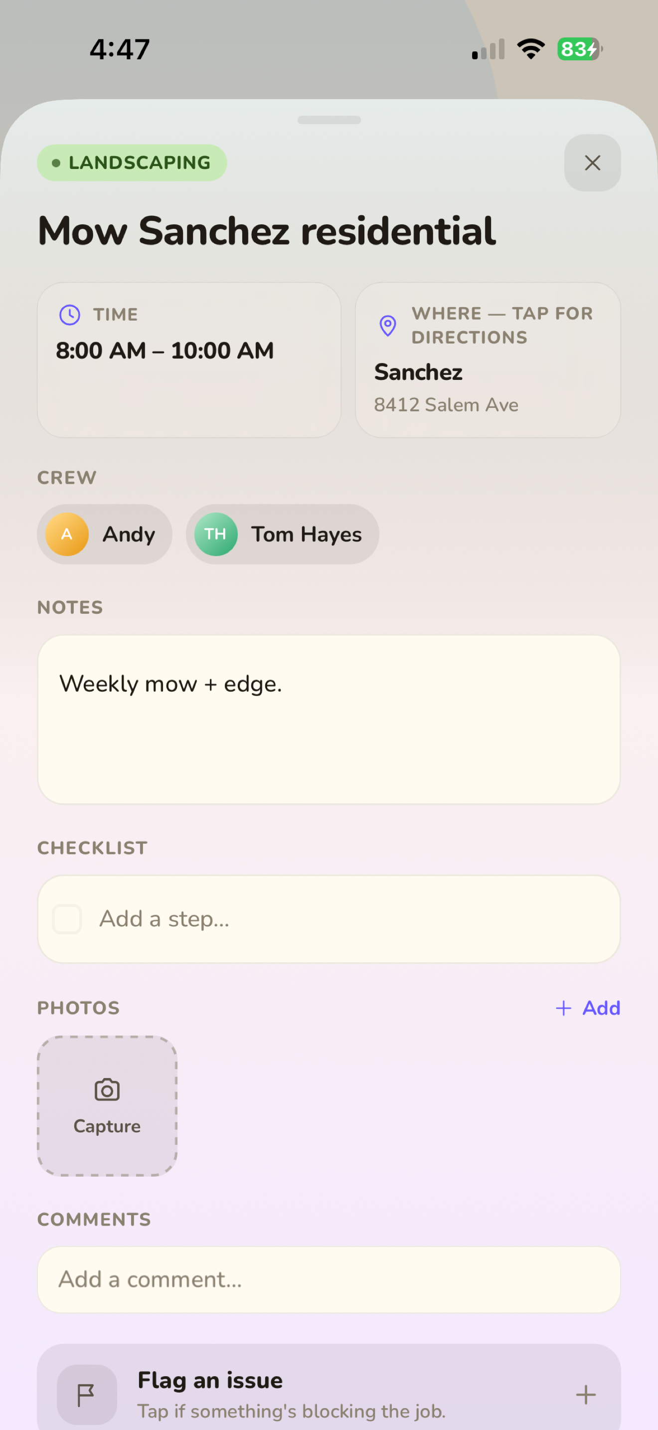 Task detail with photos, checklist, and clock-in