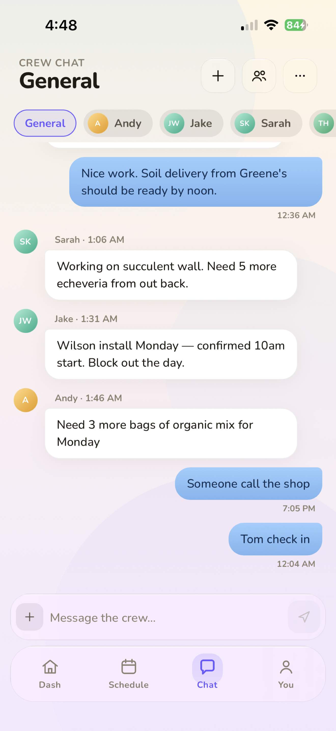 Crew chat showing messages, mentions, and updates