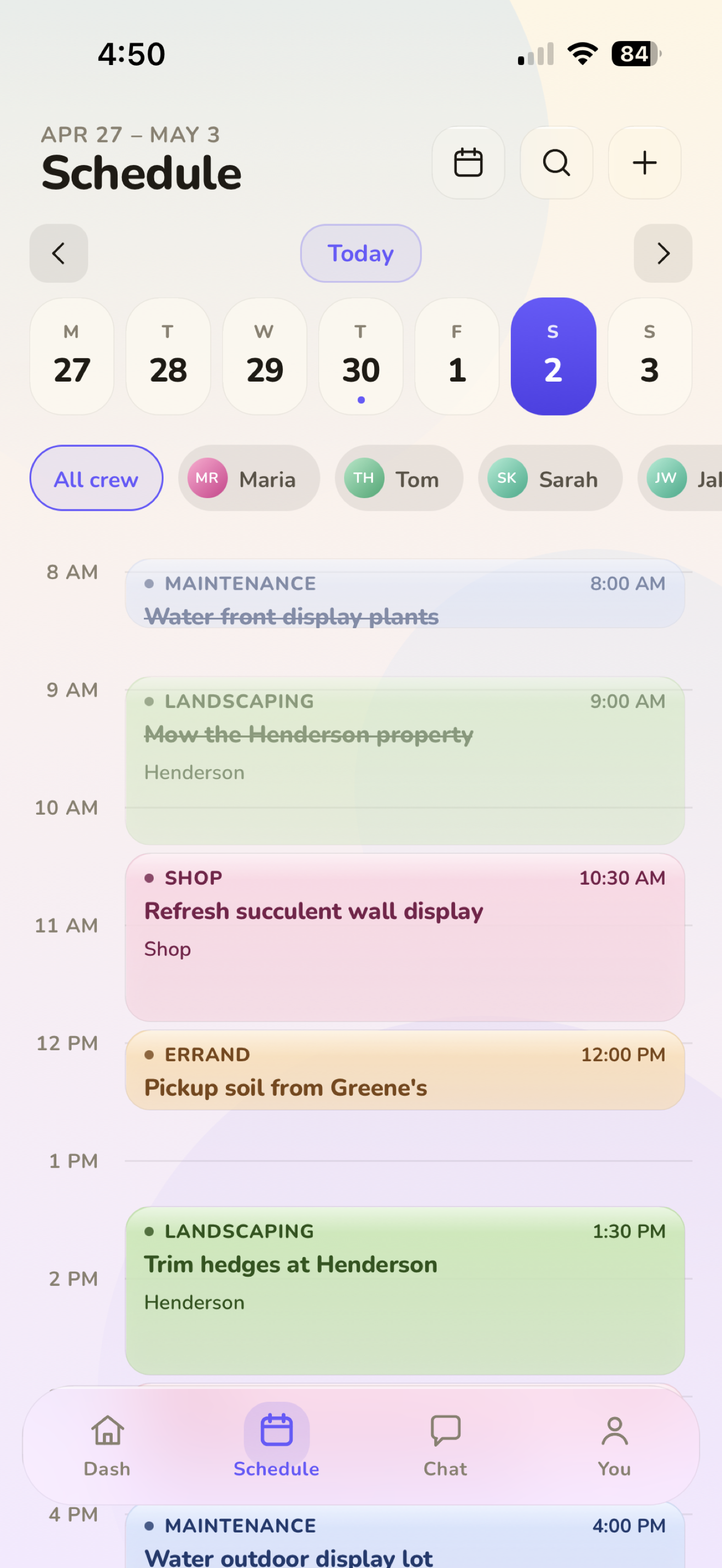 Week-view schedule with color-coded jobs across days